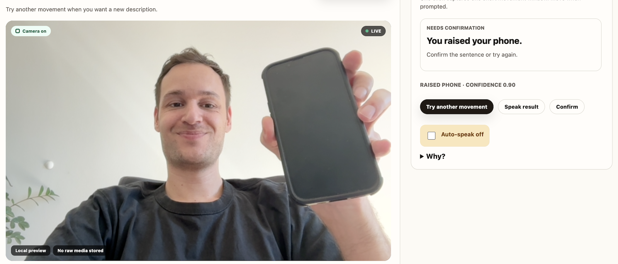 Camera Harness product interface showing Miguel raising a phone and a movement result awaiting confirmation.