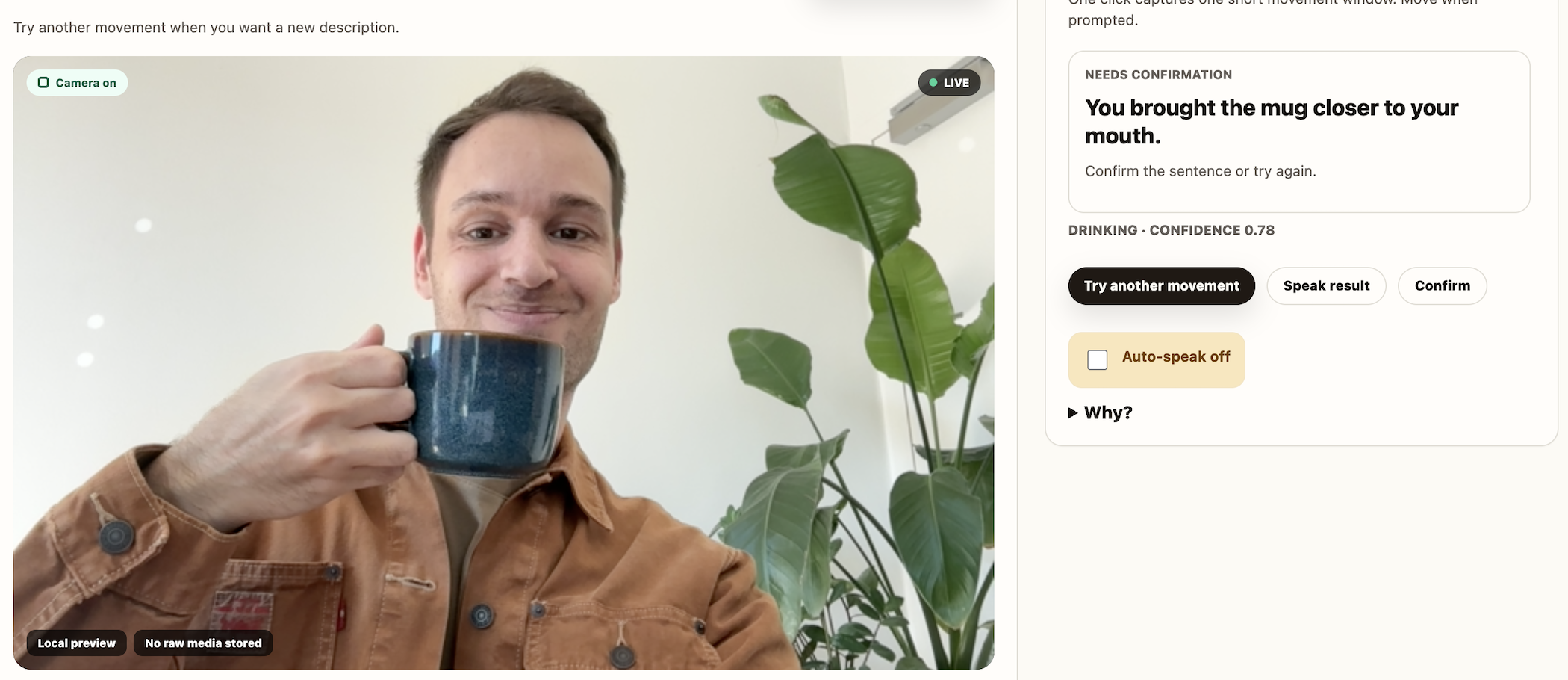 Camera Harness product interface showing a live camera preview with a mug and a movement result awaiting confirmation.