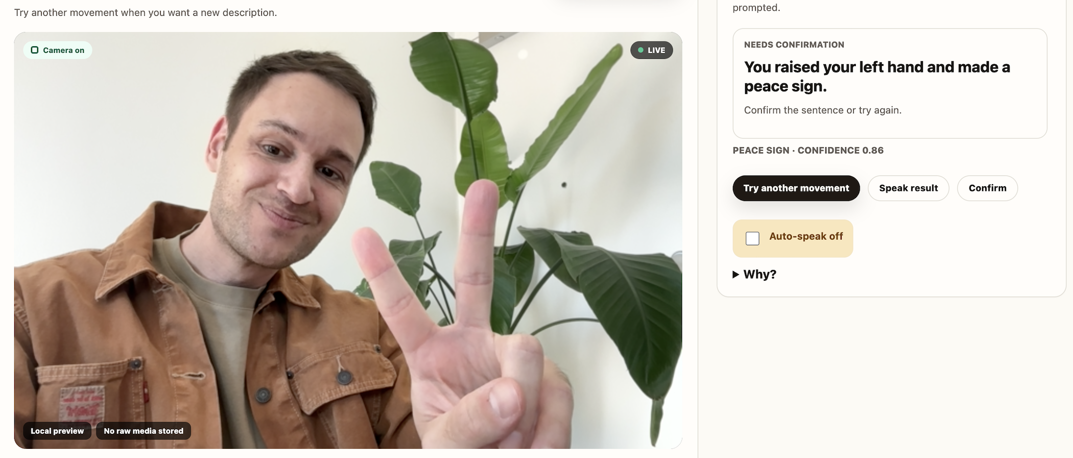 Camera Harness product interface showing a live camera preview, a raised peace sign, and a movement result awaiting confirmation.