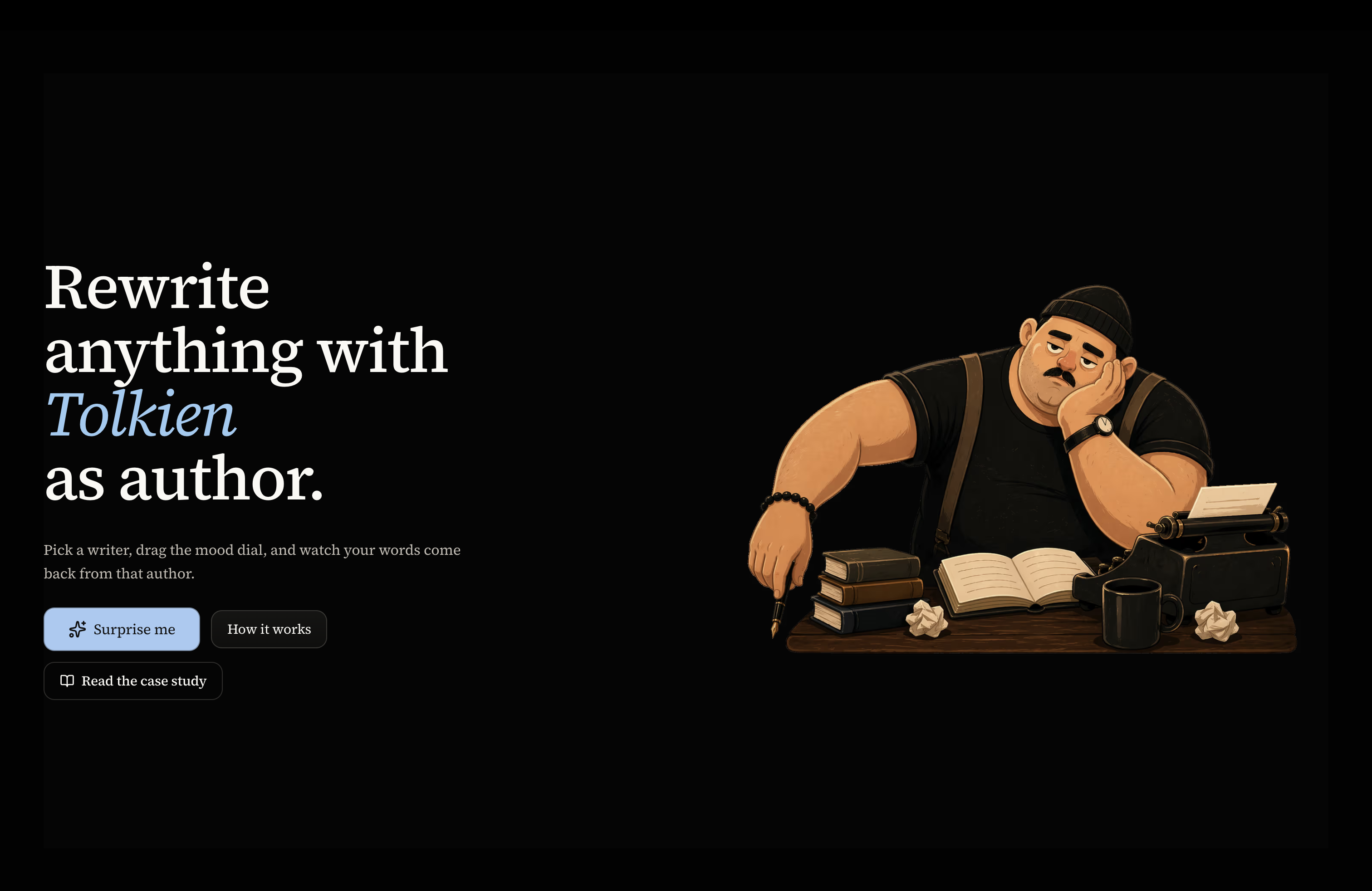 Ghostwriter editorial interface with an author selector, mood control, and an illustrated writer at a typewriter.